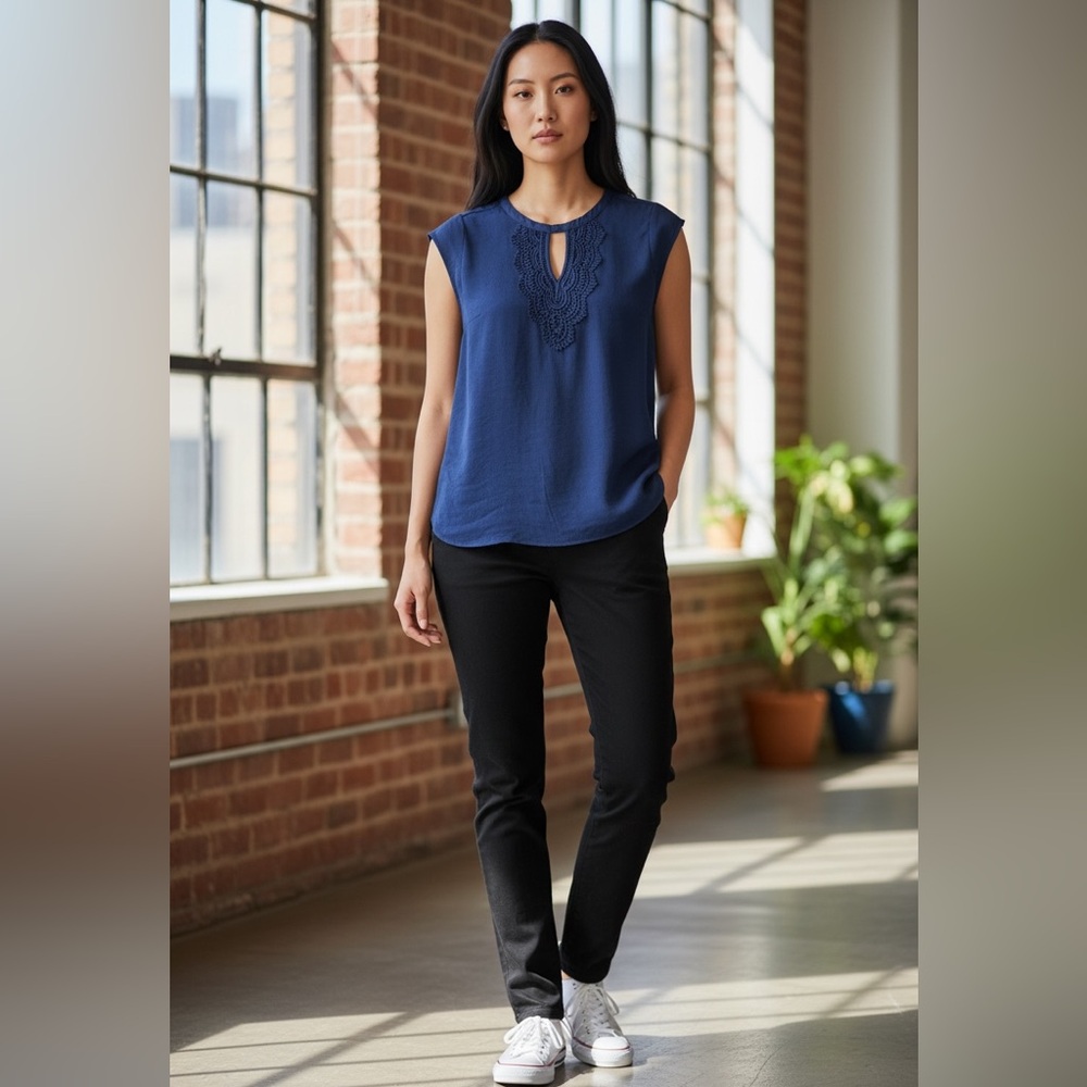 Daniel Rainn Navy Blue Embroidered Sleeveless Blouse Women’s XL